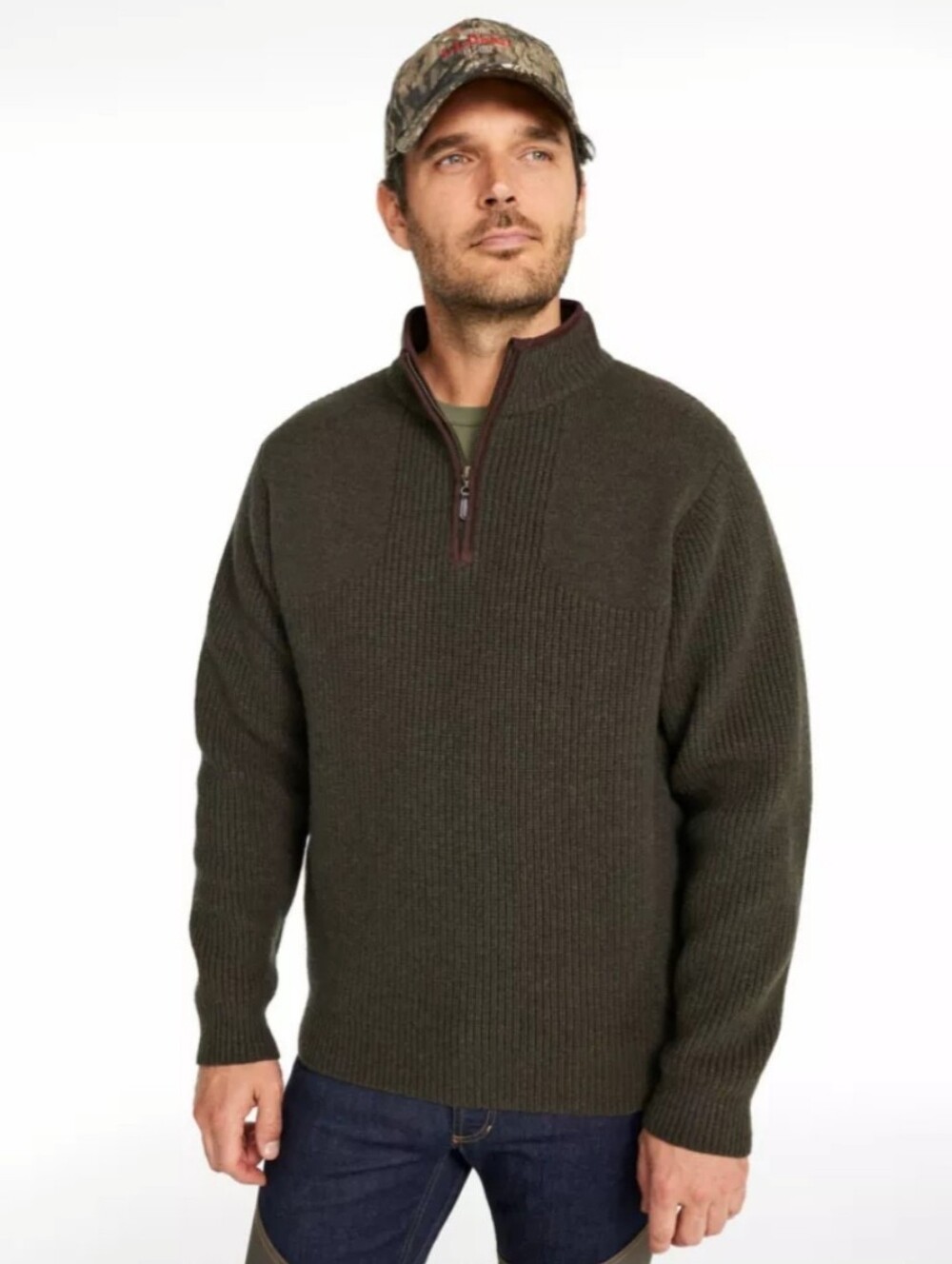 L.L. Bean olive green 100% wool classic ribbed crewneck quarter-zip sweater